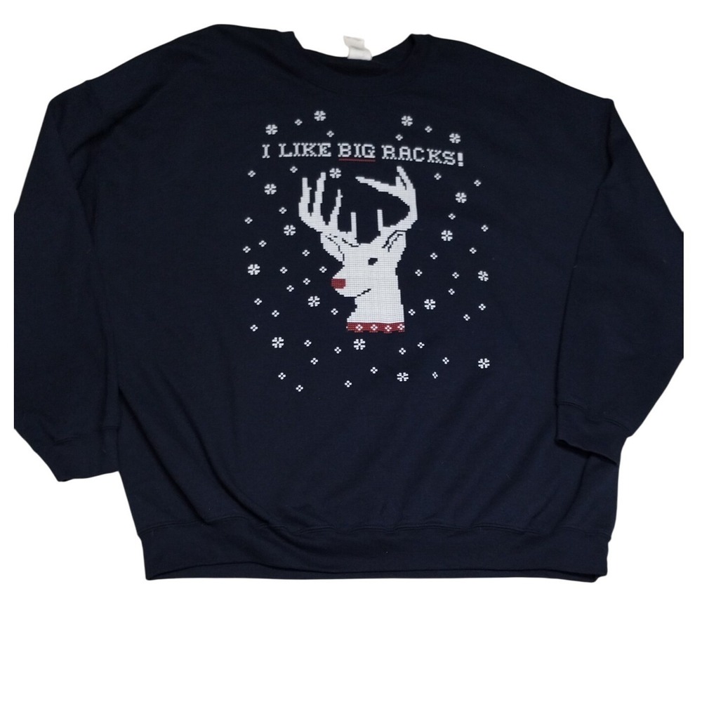 Gildan 3XL Funny Christmas Sweatshirt I Like Big Racks Reindeer Nvy Ugly Sweater